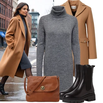 Outfit s Hnědá/Černá/Tmavě Hnědá/Fialová Kozačka Chelsea Boty Tamaris "Stylový zimní outfity"