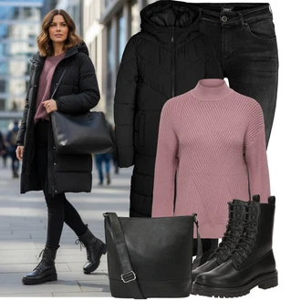 Outfit s Černá/Tmavě šedá/Šedá/Světle šedá/Khaki Kožená bunda/High Waist Džínové Kalhoty/Motorkářské Džíny/Termální Džíny/Push up Džín/Kožené Boty/Zimní bunda/Džíny s Rozparkem Only "Stylový zimní outfity"