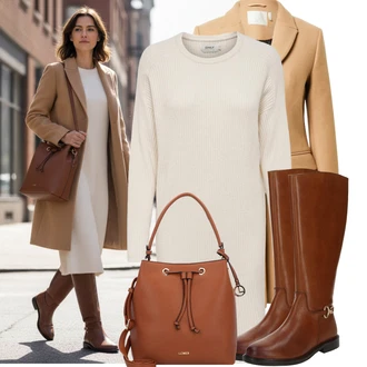 Jednobarevný Outfit s Béžová/Hnědá/Oranžová Nezařazené guido maria kretschmer women, Béžová/Bílá/Krémová/Hnědá/Khaki Svetrové Šaty/Zimní Pletené Šaty/Dlouhé pletené šaty/Pouzdrové Šaty S Dlouhým Rukávem Only "Stylový zimní outfity"