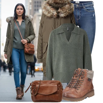 Outfity z džínu Zima s Tmavě zelená/Hnědá/Khaki/Šedá About You "Stylový zimní outfity"