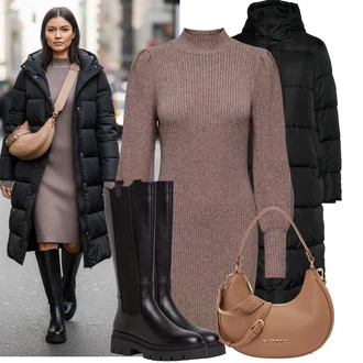 Kovbojka Outfit s Černá Kozačka Ovčí Kožešinová Bota/Bota na Platformě/Jezdecká Bota/Dlouhá Kozačka/Klasická Kozačka/Kozačka po Kolena/Bota se širokým nohavici/Kozačka se zipem Tamaris "Stylový zimní outfity"Look: Kovbojka, Egirl, Punk