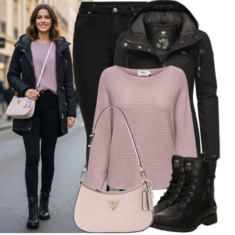 Outfit s Černá Push up Džín/Kožené Boty/Džíny s Rozparkem/Termální Džíny/Motorkářské Džíny/Kožená bunda/High Waist Džínové Kalhoty Only "Stylový zimní outfity"