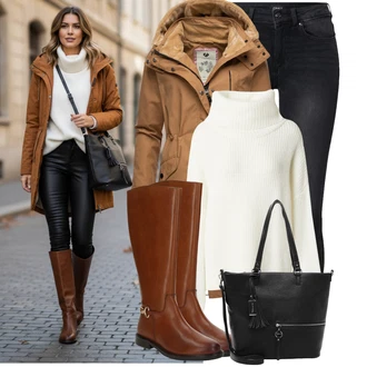 Outfit s Černá/Šedá/Tmavě šedá Push up Džín/Kožené Boty/Džíny s Rozparkem/Slim Fit Džíny/Termální Džíny/Motorkářské Džíny/Kožená bunda/Zimní bunda/High Waist Džínové Kalhoty Only "Stylový zimní outfity"