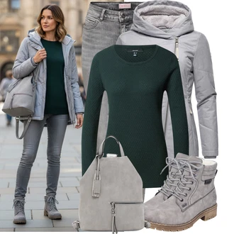 Horolezectví Outfit s Šedá/Světle šedá Merino bunda/Bunda 2v1/Bunda s Bočním Zipem/Lyžařská bunda/Prošívaná Bunda Ragwear "Stylový zimní outfity"Look: Horolezectví, Lyžařské zájezdy, Lyžování, Lyže