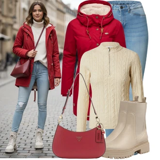 Outfit s Oranžová/Bílá/Khaki/Béžová Sveter Svetr s copánkovým vzorem/Svetr se zipem Edited "Stylový zimní outfity" Outfit s Oranžová/Bílá/Khaki/Béžová Sveter Svetr s copánkovým vzorem/Svetr se zipem Edited "Stylový zimní outfity"