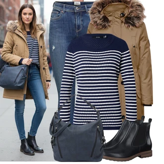 Karneval Outfit s Modrá/Tmavě modrá Taška Přes Rameno/Velká taška/Taška/Brašna/Sportovní Taška Přes Rameno Tom Tailor "Stylový zimní outfity"Look: Malle, Bar, Karneval, Koncert, Škola