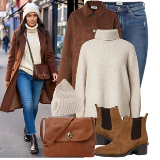 Outfity na zimu 80tá léta s Béžová/Hnědá/Khaki Čepice/Zimní čepice/Pokrývka hlavy/Kšiltovka About You "Stylový zimní outfity"Look: Pro Dům, Nadrozměrné, Unisex, Retro, 80tá léta