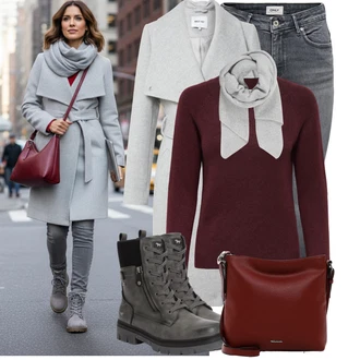 Bar Outfit s Šedá/Světle šedá/Tmavě šedá Kožená bunda/Zimní bunda/Kotníková Bota/Džíny s Nízkým Sedem/Kožené Boty/Kožená Pánská Bund/Slim Fit Džíny/Termální Džíny/Motorkářské Džíny/Push up Džín/Džíny s Rozparkem Only, Šedá Nezařazené About You, Šedá/Světle šedá Šál/Kruhový Šál About You "Trendový zimní vzhled"Look: Bar, Koncert, 18. narozeniny, Škola, Valentýn, Den matek, Zvláštní příležitosti, Nový Rok