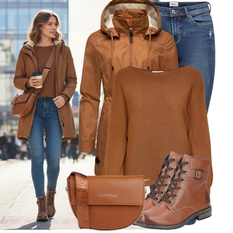 Jednobarevný Outfit s Modrá/Tmavě modrá/Světle modrá Kožená bunda/Navlékací džíny/Kožené bundy/Džíny s Nízkým Sedem/Džín s Nízkým Pasem/Džíny s Dírou/Džíny s Rozparkem/Push up Džín/Kožené Boty/Kotníková Bota Only, Hnědá/Oranžová Lehký Kabát/Letní Kabát/Kabát s Kapucí/Outdoorový kabát/Pláštěnka & Funkční Kabát/Kabát se Zipem/Parka/Pláštěnka/Trenčkot Ragwear "Trendový zimní vzhled"