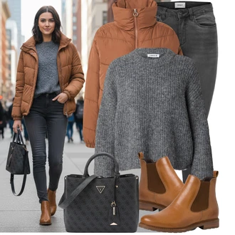 Sportovní Outfit s Hnědá/Oranžová Nafukovací Bund/Krabice bunda/Letní peřová bunda/Zimní Bund/Prošívaná Bunda/Udržitelná bunda/Podzimní bunda/Puchová Bund Hollister "Trendový zimní vzhled"Look: Nadrozměrné, Sportovní, Unisex, Pro Dům, Venkovní