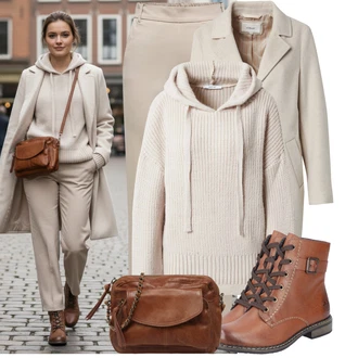 Jednobarevný Outfit s Béžová/Hnědá/Khaki Jednoduchý Svetr/Svetr s kapucí/Zimní Svetr/Vlněný Svetr/Svetr se zipem/Svetry 2 v 1/Svetr Niki About You, Hnědá/Oranžová Pánská taška/Dopisová peněženka/Brašna/Taška/Sportovní Taška Přes Rameno/Klasická Taška Přes Rameno/Taška Přes Rameno Pieces "Trendový zimní vzhled"