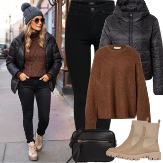 90tá léta, Styl Outfit s Černá/Bílá Kožená bunda/Kožené Boty/Zimní bunda/Slim Fit Džíny/Džíny s Nízkým Sedem/Push up Džín/Motorkářské Džíny/Termální Džíny Only "zimní outfit"Look: Styl, Cool, Old Money, Bezešvé, Skromné