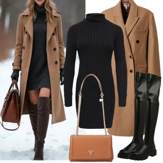 Ke kolenům Outfit s Černá Kozačka nad Kolena/Kožená Kozačka nad Koleno/Dlouhá Kozačka/Kozačka po Kolena/Plochá kozačka nad koleno About You "zimní outfit"