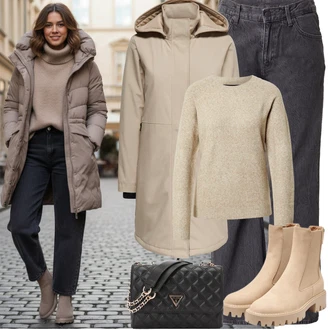 Outfit s Béžová/Khaki/Hnědá Chelsea Boty/Kožená bunda/Letní kotníková kozačka Only "zimní outfit"