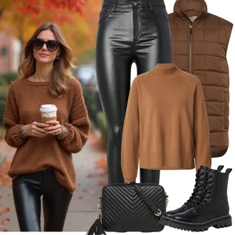 Šik Outfit s Černá/Hnědá/Bílá Ledvinka/Klasická Taška Přes Rameno/Malá Taška/Taška na telefon/Brašna/Sportovní Taška Přes Rameno About You "zimní outfit"Look: Rad, 20 léta, Šik, Elegantní, Cool, Disko, Old Money