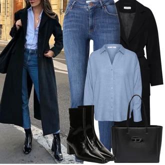 Outfit s Modrá/Tmavě Modrá/Světle Modrá Džíny s Rozparkem/Push up Džín/Kožené Boty/Navlékací džíny/Kožená bunda/Zimní bunda/High Waist Džínové Kalhoty/Dámské Džíny s Délkou 7/8 Vila "zimní oblečení"