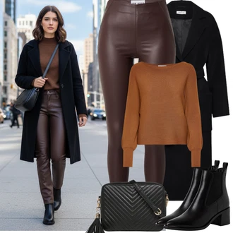 Šik Outfit s Černá/Hnědá/Bílá Ledvinka/Klasická Taška Přes Rameno/Malá Taška/Taška na telefon/Brašna/Sportovní Taška Přes Rameno About You "zimní outfit"Look: Rad, 20 léta, Šik, Elegantní, Cool, Disko, Old Money