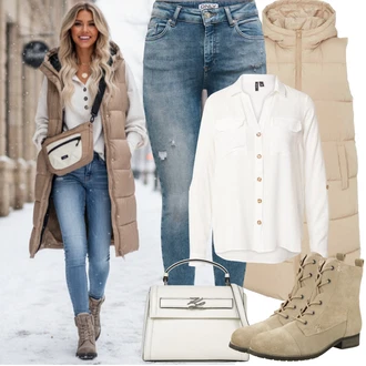 Outfit s Bílá/Krémová/Tmavě modrá/Khaki Blůza s nášivkou na lokti/Halenka s Dlouhým Rukávem/Blůza s knoflíčkem VERO MODA "zimní oblečení"