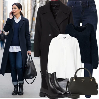 Klasické Outfit s Bílá/Krémová Blůza s nášivkou na lokti/Žehlení odolná blůza/Halenkové Body/Halenka s Dlouhým Rukávem/Slip-on Halenka/Halenka se Stojatým Límcem/Blůza s knoflíčkem/Crash blůza/Oversize Halenka/Oversize Muselínová Blůza/Businessová Halenka VERO MODA "zimní outfit"Look: Styl, Klasické, Kancelář, Skater, Unisex, Univerzitní, Pracovní oděvy, Retro