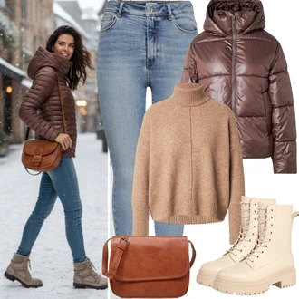 90tá léta, Styl Outfit s Modrá/Světle modrá Džíny s Rozparkem/Navlékací džíny/Dámské Džíny s Délkou 7/8/High Waist Džínové Kalhoty/Zkrácené Džíny/Kotníková Bota/Kožená bunda/Push up Džín Only "zimní outfit"Look: Styl, 90tá léta, Klasické, Cool, Disko, Krásný, Old Money