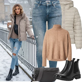 Sportovní Outfit s Béžová/Hnědá/Khaki Prošívaná Bunda/Puchová Bund/Udržitelná bunda/Letní peřová bunda/Péřová Bunda/Zimní Bund/Nafukovací Bund/Bunda s Kapucí Only "zimní oblečení"Look: Pro Dům, Layered, Moderní, Venkovní, Nadrozměrné, Sportovní, Unisex