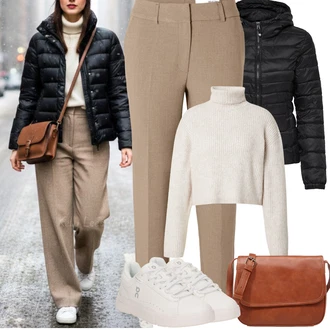 Outfity pro desetiletí Móda pro plnoštíhlé s Béžová/Hnědá/Khaki Business Kalhoty/Mušelínové kalhoty/Obleková Kalhoty/Kalhoty s nášivkou uprostřed Selected "zimní outfit"