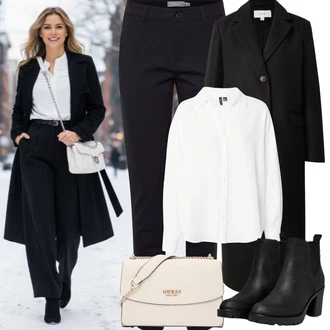 Klasické Outfit s Bílá/Krémová Blůza s nášivkou na lokti/Žehlení odolná blůza/Halenkové Body/Halenka s Dlouhým Rukávem/Slip-on Halenka/Halenka se Stojatým Límcem/Blůza s knoflíčkem/Crash blůza/Oversize Halenka/Oversize Muselínová Blůza/Businessová Halenka VERO MODA "zimní outfit"Look: Styl, Klasické, Kancelář, Skater, Unisex, Univerzitní, Pracovní oděvy, Retro