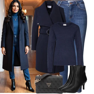 Jednobarevný Outfit s Modrá/Tmavě modrá/Světle modrá Džíny s Rozparkem/Push up Džín/Kožené Boty/Navlékací džíny/Kožená bunda/Zimní bunda/High Waist Džínové Kalhoty/Dámské Džíny s Délkou 7/8 Vila, Tmavě modrá Basic Svetr/Kašmírový Svetr/Svetr z Jemné Pleteniny/Kašmírový Svetr/Svetr na kojení/Jednoduchý Svetr/Vlněný Svetr/Svetr s límečkem Vila "zimní oblečení"