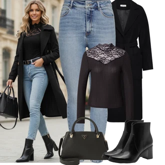 Jednobarevný Outfit s Černá Nezařazené Edited, Modrá/Světle modrá Džíny s Rozparkem/Navlékací džíny/Dámské Džíny s Délkou 7/8/High Waist Džínové Kalhoty/Zkrácené Džíny/Kotníková Bota/Kožená bunda/Push up Džín Only "zimní oblečení"