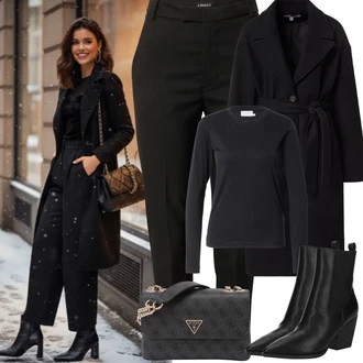 Bar Outfit s Černá/Khaki/Červená Úzká Kalhoty/Kalhoty s Vysokým Pasem/Mušelínové kalhoty/Business Kalhoty/Obleková Kalhoty/Kalhoty se Štěrbinou/Kalhoty s nášivkou uprostřed lindex "zimní outfit"Look: Bar, Koncert, Firemní večírek, Škola, 18. narozeniny