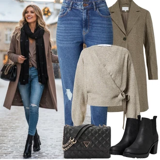 Outfity z džínu Zima s Béžová/Šedá/Khaki/Hnědá Pletenina veľkej veľkosti About You "zimní oblečení"