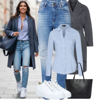 Jednobarevný Outfit s Světle modrá/Modrá Girlfriend Džíny/Boyfriend Džínové kalhoty/Motorkářské Džíny/Kožené bundy/Džíny s Rozparkem/Kotníková Bota/Džíny s Dírou GARCIA, Bílá/Krémová Úzká teniska/Tenisky s Bočním Zipem/Plátěná teniska/Nízká Teniska/Kožené tenisky Paul Green "zimní oblečení"