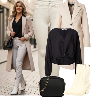 Kovbojka Outfit s Béžová/Bílá Kozačka Kovbojská kotníková bota/Westernová Kotníková Bota/Špičatá Kozačka Aldo "zimní oblečení"Look: Kovbojka, Western