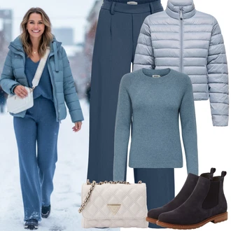 Outfity na zimu Culotte s Šedá/Modrá/Světle modrá/Tmavě modrá Mušelínové kalhoty/Plisovaná Kalhoty/Kalhoty se Štěrbinou/Plisovaná kalhoty/Marlene Kalhoty/Palazzo Kalhoty/Široká Kalhoty Object "zimní oblečení"