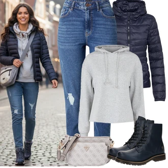 Jednobarevný Outfit s Světle modrá/Modrá Džíny s Rozparkem/Kožené bundy/Džíny s Dírou/Girlfriend Džíny/Kotníková Bota/High Waist Džínové Kalhoty/Boyfriend Džínové kalhoty Pieces "zimní oblečení"