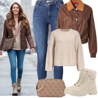 Outfit s Modrá/Tmavě modrá/Světle modrá Džíny s Rozparkem/Push up Džín/Kožené Boty/Navlékací džíny/Kožená bunda/Zimní bunda/High Waist Džínové Kalhoty/Dámské Džíny s Délkou 7/8 Vila "zimní outfit"