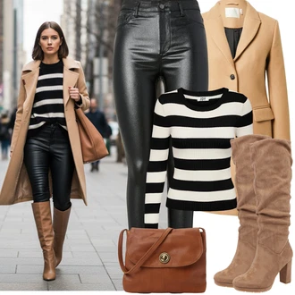 Kulatý výstřih Outfit s Bílá/Hnědá/Béžová/Černá/Tmavě modrá Pruhovaný Svetr JdY "zimní outfit"