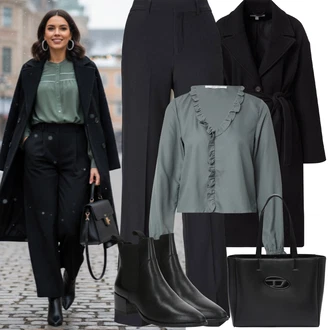 Outfit s Zelená/Modrá/Šedá/Světle šedá Rozverná blůza/Halenkový Top/Halenka s Dlouhým Rukávem/Halenka s Volánem/Crash blůza About You "zimní outfit"