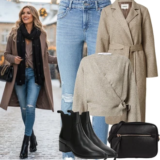 Outfit s Šedá/Hnědá/Khaki/Béžová Dlouhý Kabát/Kašmírový Kabát/Tweedový Kabát/Kabát Bouclé/Midi Kabát/Vlněný Kabát/Lodenový Kabát/Vlněný Kabát Only "zimní oblečení"