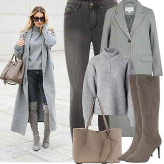 Outfit s Světle šedá/Šedá/Tmavě šedá Kalhoty Džínové Legíny/Jeggings/Skinny Kalhoty VERO MODA "zimní outfit"