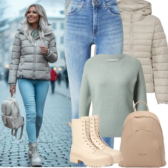 Outfity z džínu Zima s Béžová/Hnědá/Khaki Prošívaná Bunda/Puchová Bund/Udržitelná bunda/Letní peřová bunda/Péřová Bunda/Zimní Bund/Nafukovací Bund/Bunda s Kapucí Only "zimní outfit"