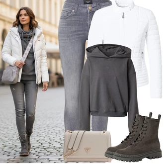 Bar Outfit s Šedá/Světle šedá Jeggings/Džínové Legíny/Skinny Kalhoty VERO MODA, Bílá/Krémová Letní peřová bunda/Bunda s Bočním Zipem/Bunda z umělých vláken/Termo Bund/Prošívaná Bunda Guess "zimní outfit"Look: Bar, Koncert, 18. narozeniny, Galavečer, Škola