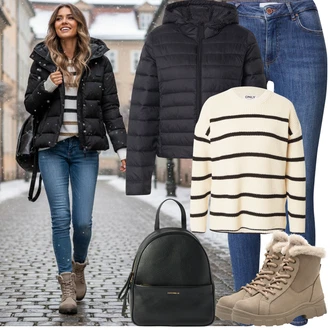 Kulatý výstřih Outfit s Krémová/Tmavě modrá/Béžová/Bílá Jednoduchý Svetr Only "zimní outfit"