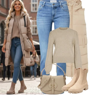 Jednobarevný Outfit s Světle modrá/Modrá Džíny s Rozparkem/Džín s Nízkým Pasem/Push up Džín/Kožené Boty/Slim Fit Džíny/Kotníková Bota/Džíny s Nízkým Sedem/Džíny Regular Fit/Kožená bunda/Zimní bunda Marc O'Polo, Béžová/Khaki/Hnědá Chelsea Boty/Kožená bunda/Letní kotníková kozačka Only "zimní oblečení"