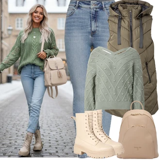 Outfity z džínu Zima s Tmavě zelená/Zelená Dlouhé bundy/Nafukovací Bund/Letní peřová bunda/Bunda na přetažení přes hlavu/Zimní Bund/Puchová Bund JdY "zimní oblečení"