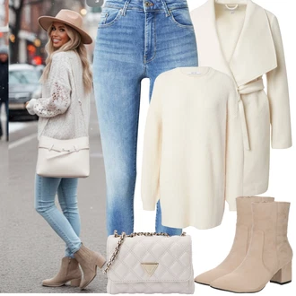 90tá léta, Styl Outfit s Světle modrá/Modrá Džíny s Rozparkem/Džíny s Dírou/Push up Džín/Kožené Boty/Navlékací džíny/Kotníková Bota/Kožená Pánská Bund/Kožená bunda/Zimní bunda/High Waist Džínové Kalhoty VERO MODA "zimní outfit"Look: Styl, Emo, 90tá léta, Cool, Krásný, Old Money, Bezešvé