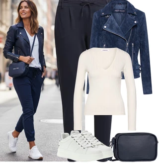 Jednobarevný Outfit s Tmavě modrá/Modrá Sportovní kalhoty/Teplák/Tréninková Kalhoty/Ležérní Kalhoty/Žerzejová Kalhoty/Navlékací Kalhoty/Jogger Kalhoty Only, Tmavě modrá/Světle modrá Motorkářské Bund/Sametová bunda/Motorkářská bunda/Bunda s Bočním Zipem Freaky Nation, Bílá/Hnědá/Béžová/Khaki Pletený top/Krajkované tričko/Top Na Party/Roláková Košile/Krajkový Top/Dlouhý top Edited "zimní oblečení"