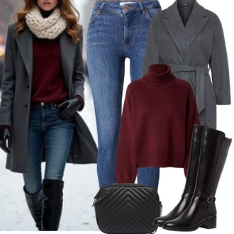 Outfit s Modrá/Tmavě modrá/Světle modrá Džíny s Rozparkem/Push up Džín/Kožené Boty/Navlékací džíny/Kožená bunda/Zimní bunda/High Waist Džínové Kalhoty/Dámské Džíny s Délkou 7/8 Vila "zimní outfit"