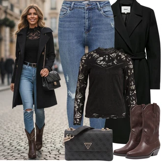 Jednobarevný Outfit s Modrá/Světle modrá Džíny s Dírou/Push up Džín/Kotníková Bota/Dámské Džíny s Délkou 7/8/Kožená bunda/Zkrácené Džíny/Džíny s Rozparkem/High Waist Džínové Kalhoty/Kožené bundy Only, Černá Průhledná blůza/Blůza s nášivkou na lokti/Halenka s Dlouhým Rukávem/Krajková Tunika/Crash blůza/Krajková Halenka Vila "zimní oblečení"