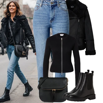 Jednobarevný Outfit s Modrá/Světle modrá Zkrácené Džíny/Girlfriend Džíny/Džíny s Rozparkem/Kotníková Bota/Mom Jean/Zužující se Džíny/Kožená Pánská Bund/High Waist Džínové Kalhoty/Zimní bunda Only, Černá/Hnědá Taška/Klasická Taška Přes Rameno/Brašna/Sportovní Taška Přes Rameno About You "zimní oblečení"